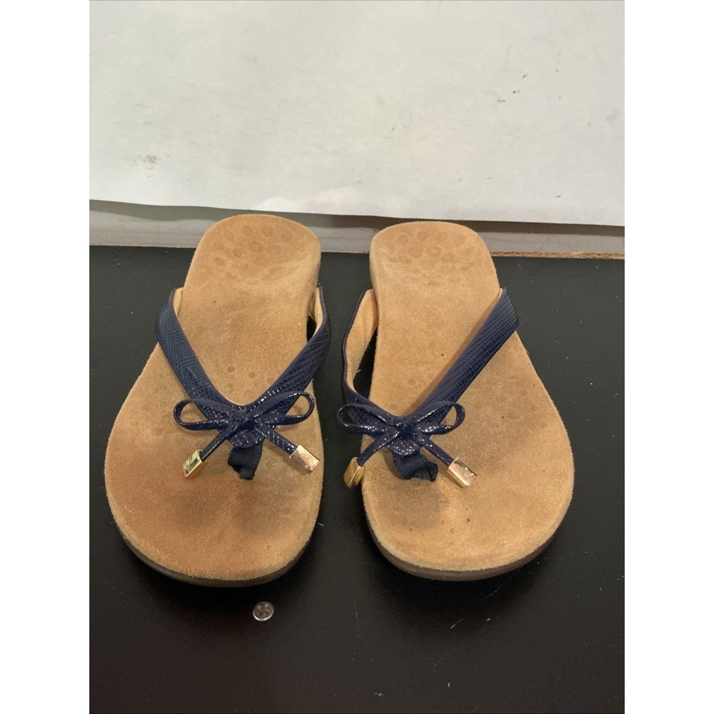 Vionic Bella II Womens 6 Orthopedic Flip Flop Sandal Blue Patent Snakeskin Bow